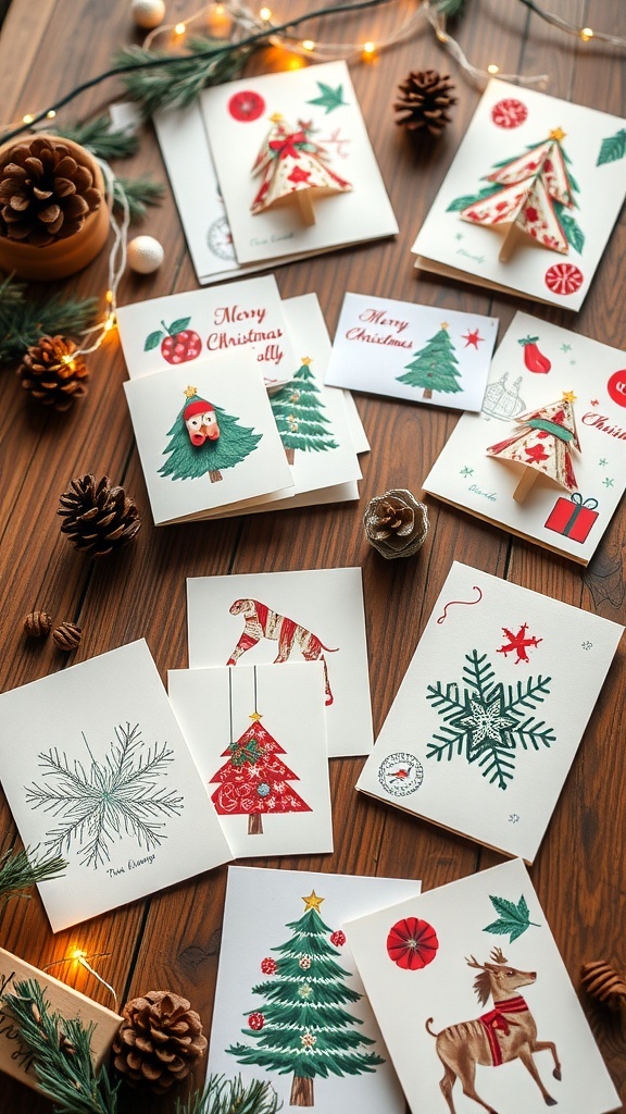 A variety of handmade Christmas cards with different designs on a rustic wooden table.